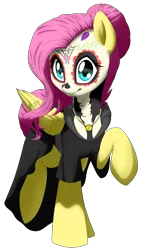 Size: 2210x3881 | Tagged: alternate hairstyle, artist:discorded-joker, black dress, calavera, calavera catrina, clothes, costume, cute, derpibooru import, dia de los muertos, dress, fluttershy, jewelry, looking at you, necklace, paint, raised hoof, safe, shyabetes, simple background, solo, transparent background
