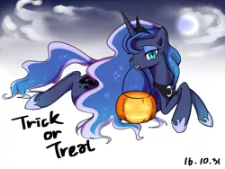 Size: 2400x1800 | Tagged: artist:haden-2375, cloud, crescent moon, derpibooru import, fangs, halloween, holiday, horseshoes, jack-o-lantern, lidded eyes, looking at you, moon, mouth hold, night, nightmare luna, nightmare night, night sky, princess luna, prone, pumpkin, pumpkin bucket, safe, slit eyes, solo, trick or treat