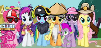 Size: 325x155 | Tagged: safe, derpibooru import, screencap, applejack, fluttershy, pinkie pie, rainbow dash, rarity, spike, twilight sparkle, clothes, club penguin, cowboy hat, glasses, hat, headphones, mane six, my little pony logo, pirate hat, scarf, sunglasses