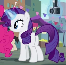 Size: 580x574 | Tagged: safe, derpibooru import, screencap, pinkie pie, rarity, pony, the gift of the maud pie, camera, cropped, female, magic, mare, plot, smiling