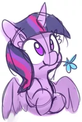 Size: 526x777 | Tagged: safe, artist:lilfunkman, derpibooru import, twilight sparkle, twilight sparkle (alicorn), alicorn, pony, bust, cute, flower, flower in mouth, looking up, mouth hold, no pupils, simple background, sketch, smiling, solo, spread wings, twiabetes, white background