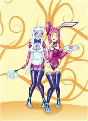 Size: 1280x1757 | Tagged: suggestive, derpibooru import, sour sweet, sugarcoat, equestria girls, friendship games, alternate hairstyle, breasts, bunny ears, bunny suit, busty sour sweet, busty sugarcoat, cleavage, clothes, cuffs (clothes), duo, duo female, duster, female, high heels, hypnosis, hypnotized, image, latex, leotard, maid, playboy, playboy bunny, playboy bunny sour sweet, png, soursub, stockings, sugarsub, swirly eyes