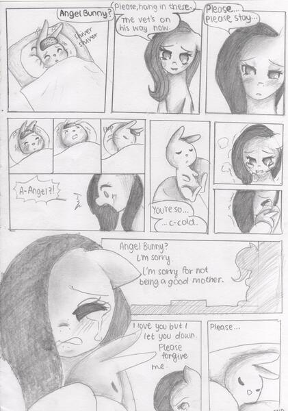 Size: 2425x3452 | Tagged: angel bunny, artist:nabirar, comic, crying, death, derpibooru import, feels, fluttershy, monochrome, sad, semi-grimdark