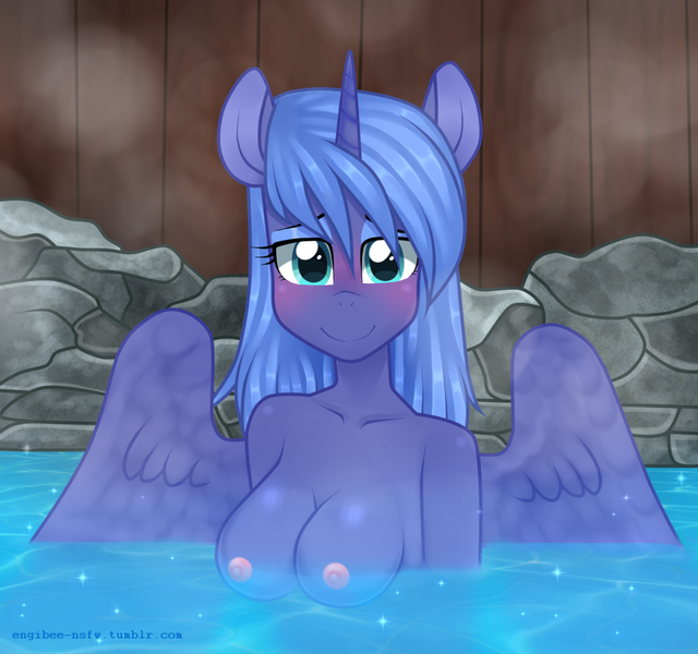 Size: 1280x1200 | Tagged: anthro, artist:kaikururu, bathing, blushing, breasts, derpibooru import, female, hot springs, looking at you, nipples, nudity, princess luna, questionable, s1 luna, skinny dipping, smiling, solo, solo female, water, wet mane