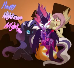 Size: 4700x4300 | Tagged: safe, artist:geraritydevillefort, derpibooru import, fluttershy, nightmare rarity, sci-twi, twilight sparkle, bat pony, equestria girls, absurd resolution, clothes, flutterbat, halloween, holiday, jack-o-lantern, midnight sparkle, nightmare night, pumpkin, trio