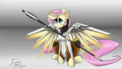 Size: 1191x670 | Tagged: crossover, derpibooru import, fluttershy, gradient background, looking up, mercy, mercyshy, overwatch, safe, sitting, solo, spread wings