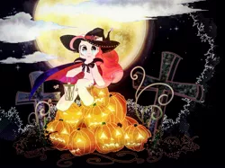 Size: 2047x1535 | Tagged: artist:jawlo, cape, clothes, cross, derpibooru import, halloween, hat, jack-o-lantern, lantern, moon, pinkie pie, pumpkin, pumpkin cake, safe, solo