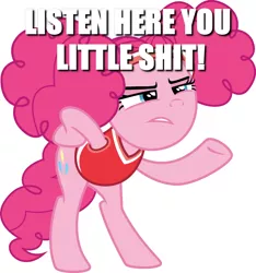 Size: 960x1024 | Tagged: safe, derpibooru import, pinkie pie, earth pony, pony, buckball season, bipedal, bottomless, clothes, female, image macro, listen here, mare, meme, pinktails pie, rearing, sassy, simple background, solo, vulgar