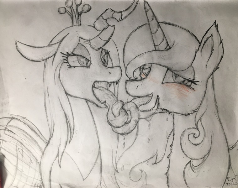 Size: 3757x2970 | Tagged: suggestive, artist:xyi, derpibooru import, fleur-de-lis, queen chrysalis, changeling, changeling queen, pony, unicorn, blushing, female, kissing, lidded eyes, mare, monochrome, neo noir, partial color, quadrupedal, simple background, traditional art, white background