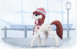 Size: 2500x1600 | Tagged: artist:mrscroup, beanie, clothes, derpibooru import, hat, oc, oc:flake, safe, scarf, scenery, snow, snowfall, solo, unofficial characters only, walking