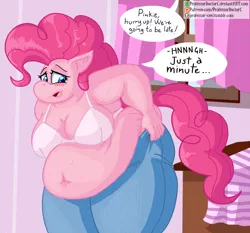 Size: 800x745 | Tagged: anthro, artist:professordoctorc, bbw, belly button, blushing, bra, breasts, busty pinkie pie, clothes, derpibooru import, dialogue, fat, female, jeans, obese, pants, piggy pie, pinkie pie, pinkie thighs, pudgy pie, solo, solo female, suggestive, sweat, thunder thighs, tight clothing, tight fit, underwear, wide hips
