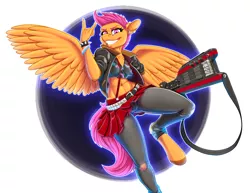 Size: 1600x1237 | Tagged: abs, anthro, artist:hobbsmeerkat, belly button, clothes, derpibooru import, ear piercing, electric guitar, grin, guitar, jacket, midriff, miniskirt, pants, piercing, pleated skirt, punk, safe, scootaloo, shirt, skirt, skirtaloo, skirt lift, smiling, solo, spread wings, suspenders, unguligrade anthro