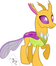 Size: 1752x2040 | Tagged: artist:strangerdragos, changedling, changedling oc, changeling, changeling oc, derpibooru import, edit, oc, oc:icarys, raised hoof, safe, simple background, smiling, solo, to where and back again, transparent background, unofficial characters only, vector