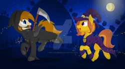Size: 1024x569 | Tagged: safe, artist:soulfulmirror, derpibooru import, oc, oc:honey ella, oc:romance heart, unofficial characters only, earth pony, pegasus, pony, clothes, costume, grim reaper, hat, moon, night, nightmare night, nightmare night costume, romella, scythe, witch, witch hat