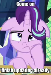 Size: 502x734 | Tagged: bored, cropped, derpibooru import, edit, edited screencap, every little thing she does, floppy ears, frown, image macro, meme, safe, screencap, solo, squishy cheeks, starlight glimmer