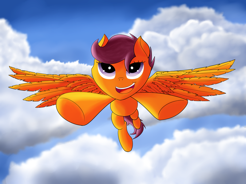 Size: 4000x3000 | Tagged: safe, artist:kickassking, derpibooru import, scootaloo, pegasus, pony, cloud, cloudy, flying, happy, scootaloo can fly, smiling, solo