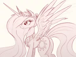 Size: 4000x3000 | Tagged: safe, artist:ncmares, derpibooru import, princess celestia, alicorn, pony, crown, cutie mark, horn, jewelry, lidded eyes, monochrome, necklace, praise the sun, regalia, royalty, simple background, sketch, smiling, solo, spread wings, sunbutt, tiara, wings