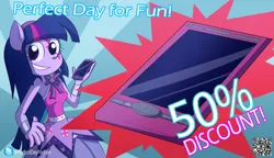Size: 2000x1152 | Tagged: safe, artist:fj-c, derpibooru import, twilight sparkle, equestria girls, perfect day for fun, rainbow rocks, advertisement, discount, mobile phone, phone, ponied up, pony ears, smartphone, solo