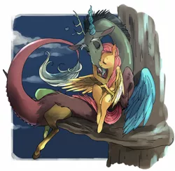 Size: 779x762 | Tagged: safe, artist:pasikon, derpibooru import, discord, fluttershy, blushing, cuddling, cute, discoshy, eyes closed, male, shipping, snuggling, straight, tree