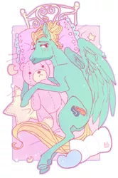 Size: 536x807 | Tagged: safe, artist:pasikon, derpibooru import, zephyr breeze, pegasus, pony, bed, cute, looking at you, male, pillow, pixiv, plushie, solo, stallion, stars, teddy bear, zephyrbetes