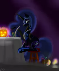 Size: 5000x6000 | Tagged: absurd resolution, artist:moobew, bat, candle, candy, dark, derpibooru import, drink, food, halloween, jack-o-lantern, lollipop, nightmare moon, nightmare night, pumpkin, pumpkin bucket, safe, signature, sitting, solo, stool, table