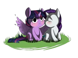 Size: 1600x1200 | Tagged: safe, artist:maxiima, derpibooru import, rarity, twilight sparkle, twilight sparkle (alicorn), alicorn, pony, unicorn, blushing, chibi, eyes closed, female, kissing, lesbian, mare, rarilight, shipping, simple background, surprise kiss, surprised, transparent background, wingboner