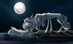 Size: 1280x768 | Tagged: safe, artist:jykinturah, artist:maxiima, derpibooru import, fleur-de-lis, princess celestia, alicorn, duck pony, pony, unicorn, crack shipping, cute, eye contact, female, fleurestia, frown, full moon, heart, horns are touching, lesbian, lidded eyes, looking at each other, mare, missing accessory, moon, night, open mouth, pier, shipping, smiling, stars, swanlestia, water, wide eyes