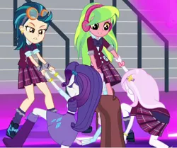 Size: 530x444 | Tagged: safe, derpibooru import, screencap, fleur-de-lis, indigo zap, lemon zest, rarity, velvet sky, equestria girls, friendship games, boots, bracelet, clothes, cropped, crystal prep academy uniform, headphones, high heel boots, jewelry, school uniform, shoes, skirt, socks