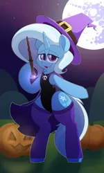 Size: 3000x5000 | Tagged: safe, artist:quarantinedchaoz, derpibooru import, trixie, pony, semi-anthro, unicorn, cape, clothes, halloween, hat, holiday, hoof hold, jack-o-lantern, leotard, mare in the moon, moon, nightmare night, pumpkin, socks, solo, thigh highs, wand, witch, witch hat