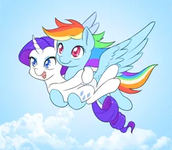 Size: 1000x872 | Tagged: safe, artist:dstears, color edit, derpibooru import, edit, rainbow dash, rarity, pegasus, pony, unicorn, carrying, cloud, colored, cute, dashabetes, female, flying, lesbian, mare, open mouth, raribetes, raridash, shipping, sky, smiling