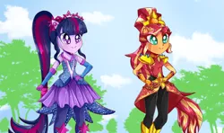 Size: 1024x606 | Tagged: safe, artist:vixelzf, derpibooru import, sci-twi, sunset shimmer, twilight sparkle, equestria girls, legend of everfree, clothes, colored pupils, commission, crystal guardian, duo, female, ponied up