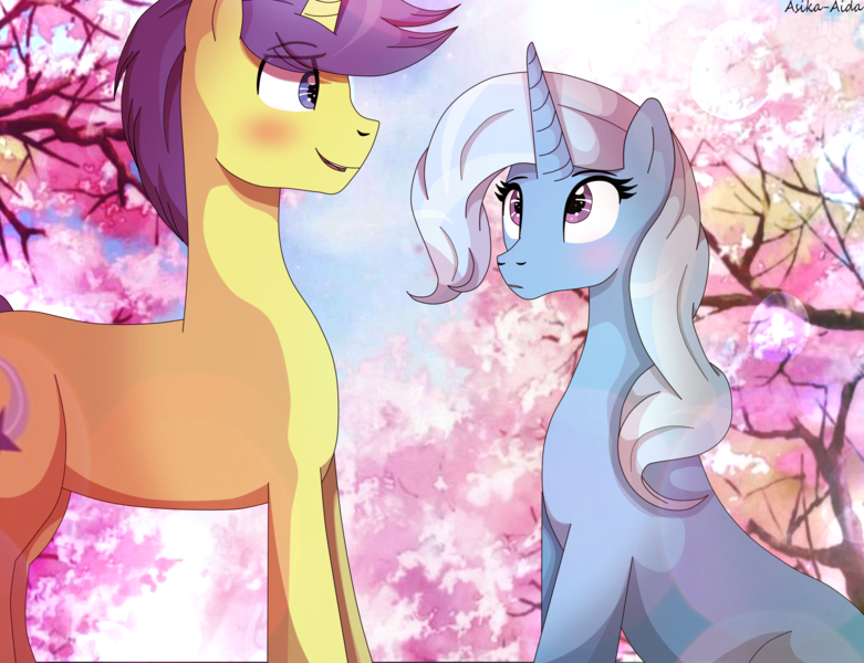 Size: 2629x2019 | Tagged: safe, artist:asika-aida, derpibooru import, comet tail, trixie, pony, unicorn, cometrix, male, shipping, straight, tree