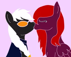 Size: 2378x1914 | Tagged: safe, artist:ayanokorohama, derpibooru import, oc, oc:nameless rhyme, oc:scarlet paper, unofficial characters only, earth pony, pegasus, pony, eyes closed, female, kissing, lesbian, mare, oc x oc, shipping, sunglasses, transgender