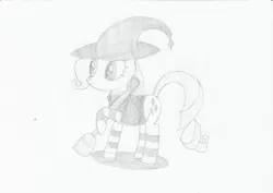 Size: 1591x1125 | Tagged: artist:nori, artist:norijaeger, broom, clothes, derpibooru import, halloween, hat, monochrome, nightmare night, pencil drawing, rarity, safe, socks, solo, striped socks, traditional art, witch, witch hat