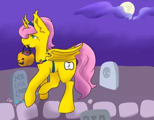 Size: 3000x2333 | Tagged: safe, artist:mangajag, derpibooru import, oc, oc:golden blush, unofficial characters only, pony, unicorn, candy, clothes, commission, costume, fake wings, female, food, full moon, gravestone, jack-o-lantern, moon, pumpkin, solo