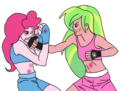 Size: 720x532 | Tagged: safe, artist:toyminator900, derpibooru import, lemon zest, pinkie pie, equestria girls, abuse, blood, boxing, bruised, exeron fighters, exeron gloves, pinkiebuse, simple background, transparent background