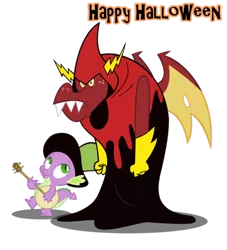 Size: 600x662 | Tagged: artist:queencold, banjo, clothes, cosplay, costume, crossover, derpibooru import, dragon, duo, garble, hat, lord hater, musical instrument, safe, simple background, spike, text, transparent background, wander over yonder, wander (wander over yonder)