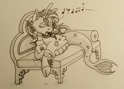 Size: 1280x916 | Tagged: artist:couchcrusader, atg 2016, couch, derpibooru import, eyes closed, newbie artist training grounds, sad, safe, sepia, singing, siren, sirenified, solo, species swap, sunset shimmer, sunset siren