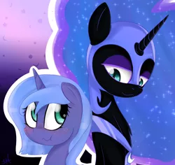 Size: 1144x1082 | Tagged: artist:jonathan the awesome, blushing, derpibooru import, duality, duo, filly, freckles, lidded eyes, looking at each other, nightmare moon, princess luna, safe, scrunchy face, smiling, :t, woona, younger