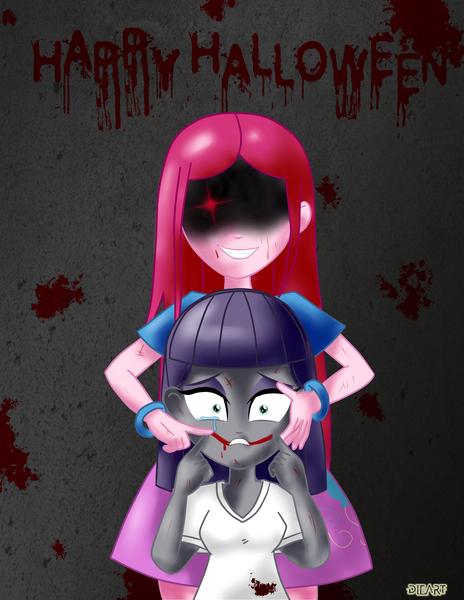 Size: 3090x4000 | Tagged: grimdark, artist:dieart77, derpibooru import, maud pie, pinkie pie, equestria girls, abuse, blood, bracelet, clothes, crying, halloween, happy halloween, holiday, image, jewelry, jpeg, maudabuse, pinkamena diane pie, siblings, sisters, skirt, smiling