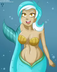 Size: 3800x4750 | Tagged: artist:alcasar-reich, belly button, breasts, busty lyra heartstrings, cleavage, derpibooru import, female, human, humanized, lyra heartstrings, mermaid, mermaidized, open mouth, seapony lyra, seashell, shell bra, smiling, solo, solo female, suggestive, underwater