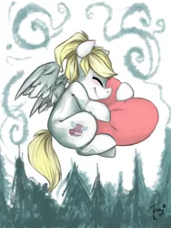 Size: 1536x2048 | Tagged: safe, artist:tamyarts, derpibooru import, oc, oc:drunken flight, unofficial characters only, pegasus, pony, forest, heart, heart pillow, hug, pillow, solo