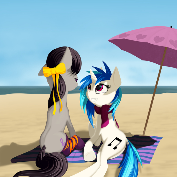 Size: 2000x2000 | Tagged: artist:styroponyworks, beach, bow, clothes, croup, derpibooru import, hair bow, lying down, octavia is not amused, octavia melody, safe, scarf, side, sitting, socks, striped socks, towel, umbrella, unamused, vinyl scratch