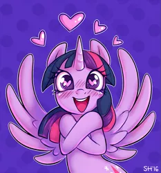 Size: 803x863 | Tagged: safe, artist:sorcerushorserus, derpibooru import, twilight sparkle, twilight sparkle (alicorn), alicorn, pony, adorkable, bipedal, blushing, cute, dork, happy, heart, heart eyes, hug, looking at you, open mouth, self-hugging, smiling, solo, spread wings, sweet dreams fuel, twiabetes, wingding eyes
