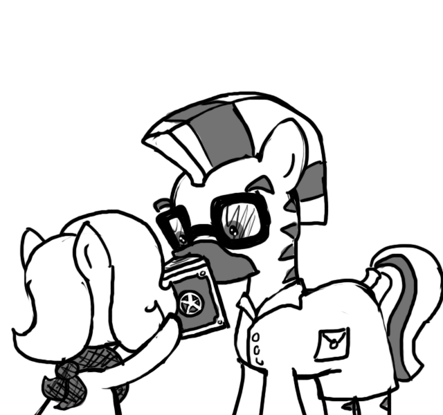 Size: 640x600 | Tagged: safe, artist:ficficponyfic, derpibooru import, oc, oc:emerald jewel, unofficial characters only, earth pony, pony, zebra, colt quest, adult, bandana, book, clothes, colt, cyoa, foal, glasses, lab coat, male, monochrome, pocket, reading, spellbook, stallion, story included