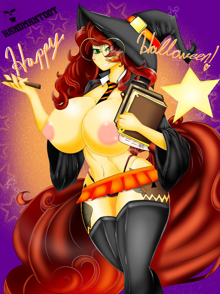 Size: 6000x8000 | Tagged: absurd resolution, anthro, anthro oc, artist:handmantoot, big breasts, breasts, clothes, derpibooru import, female, glasses, halloween, hat, huge breasts, microskirt, miniskirt, nightmare night, nipples, nudity, oc, panties, partial nudity, questionable, skirt, solo, solo female, thong, topless, underwear, unofficial characters only, witch, witch hat