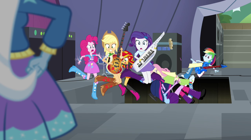 Size: 1280x714 | Tagged: safe, derpibooru import, screencap, applejack, fluttershy, pinkie pie, rainbow dash, rarity, sunset shimmer, trixie, twilight sparkle, equestria girls, rainbow rocks, bass guitar, boots, clothes, cowboy boots, cowboy hat, electric guitar, guitar, hat, high heel boots, humane five, humane seven, humane six, jacket, jewelry, keytar, mane six, musical instrument, skirt, socks, tambourine, trapdoor