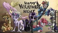 Size: 2500x1407 | Tagged: semi-grimdark, artist:starbat, derpibooru import, applejack, fluttershy, pinkie pie, rainbow dash, rarity, spike, starlight glimmer, twilight sparkle, twilight sparkle (alicorn), alicorn, pony, animatronic, child's play, chucky, five nights at freddy's, friday the 13th, gremlins, halloween, hannibal lecter, hellraiser, jason, jason voorhees, mane seven, mane six, nightmare night, pinhead, samara, silence of the lambs, silent hill, the ring