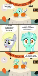 Size: 640x1280 | Tagged: safe, artist:nuka-kitty, derpibooru import, derpy hooves, lyra heartstrings, pegasus, pony, comic, female, food, funny, mare, muffin, nightmare night, pumpkin