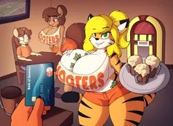 Size: 1280x931 | Tagged: alcohol, anthro, artist:stunnerpone, big breasts, big cat, breasts, cleavage, clothes, credit card, derpibooru import, female, furry, hooters, huge breasts, jukebox, looking at you, money, mug, non-mlp oc, oc, oc:georgia lockheart, oc:ollie cotter, oc:tabytha tabykat, offscreen character, pov, suggestive, tiger, unofficial characters only